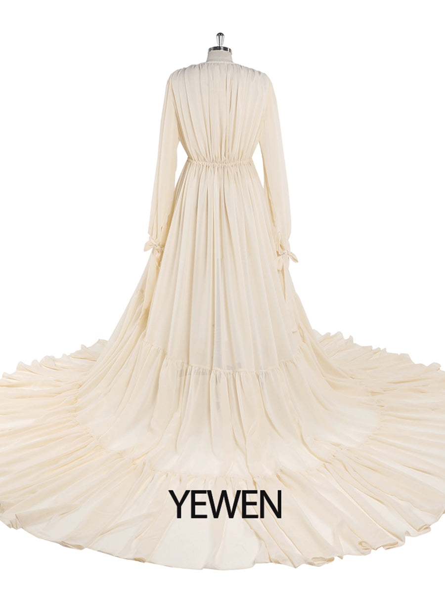 Back view of chiffon white plus size maternity photoshoot dress designed for elegant baby shower and pregnancy photography