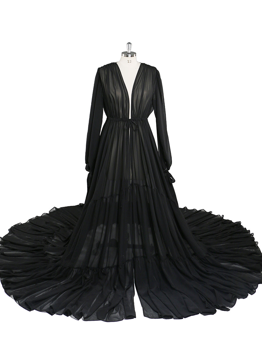 Front view of chiffon black plus size maternity photoshoot dress with elegant flowing silhouette and custom sizing design