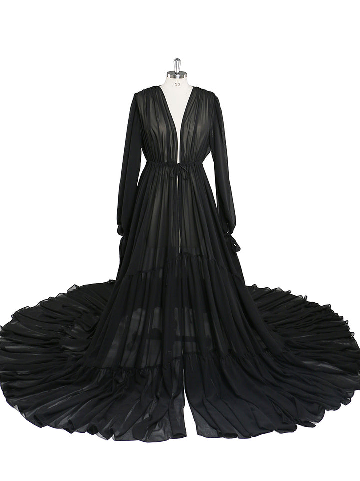 Front view of chiffon black plus size maternity photoshoot dress with elegant flowing silhouette and custom sizing design