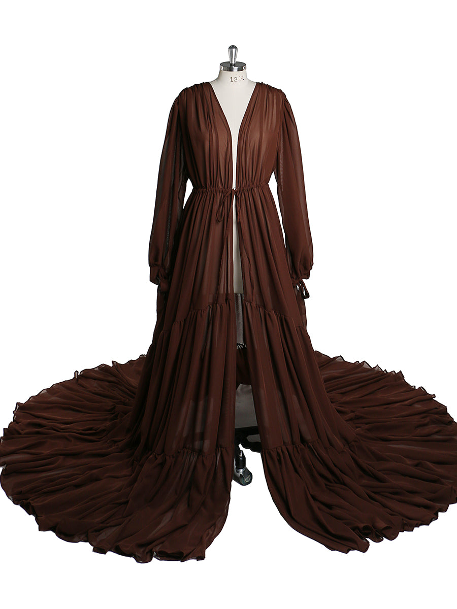Front view of chiffon brown plus size maternity photoshoot dress with elegant flowing silhouette and custom sizing design