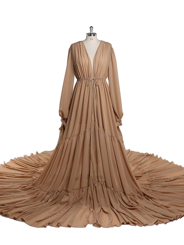Front view of chiffon tan plus size maternity photoshoot dress with elegant flowing silhouette and custom sizing design