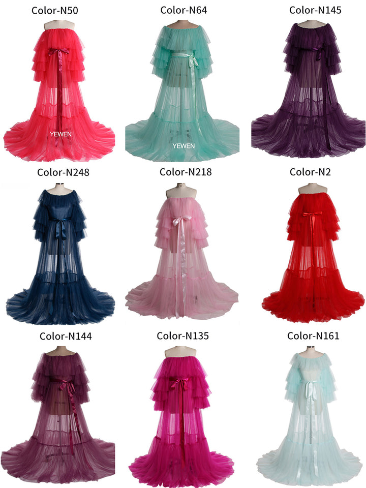 Custom colors of plus size maternity photoshoot dress featuring off shoulder ruffled design and flowing maxi silhouette