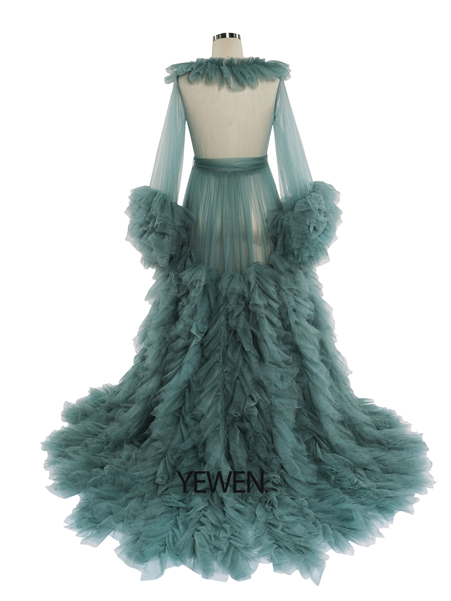 Back view of ruffled maternity dress for photo shoot designed for elegant baby shower and pregnancy photography