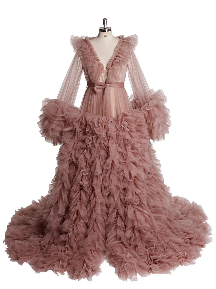 Front view of ruffled maternity dress for photo shoot featuring champagne color, V-neck design, and elegant silhouette