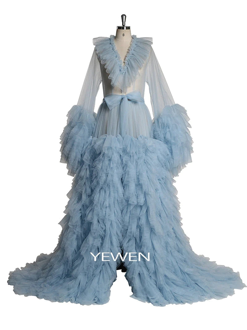 Front view of blue ruffled maternity dress for photo shoot, V-neck design, and elegant silhouette