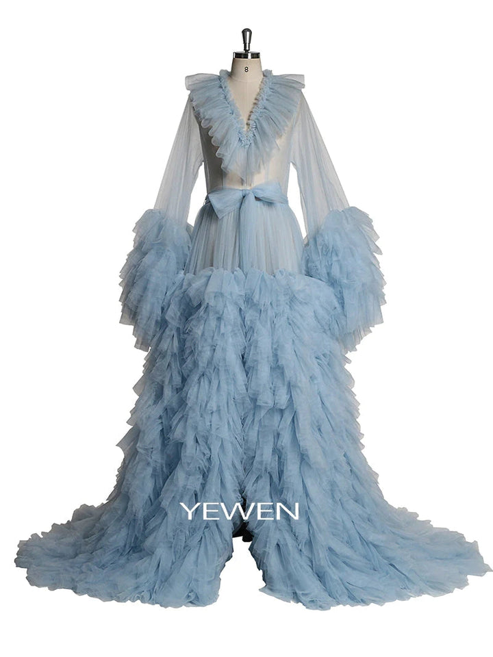 Front view of blue ruffled maternity dress for photo shoot, V-neck design, and elegant silhouette