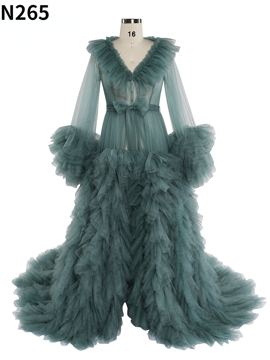 Front view of ruffled maternity dress for photo shoot, V-neck design, and elegant silhouette