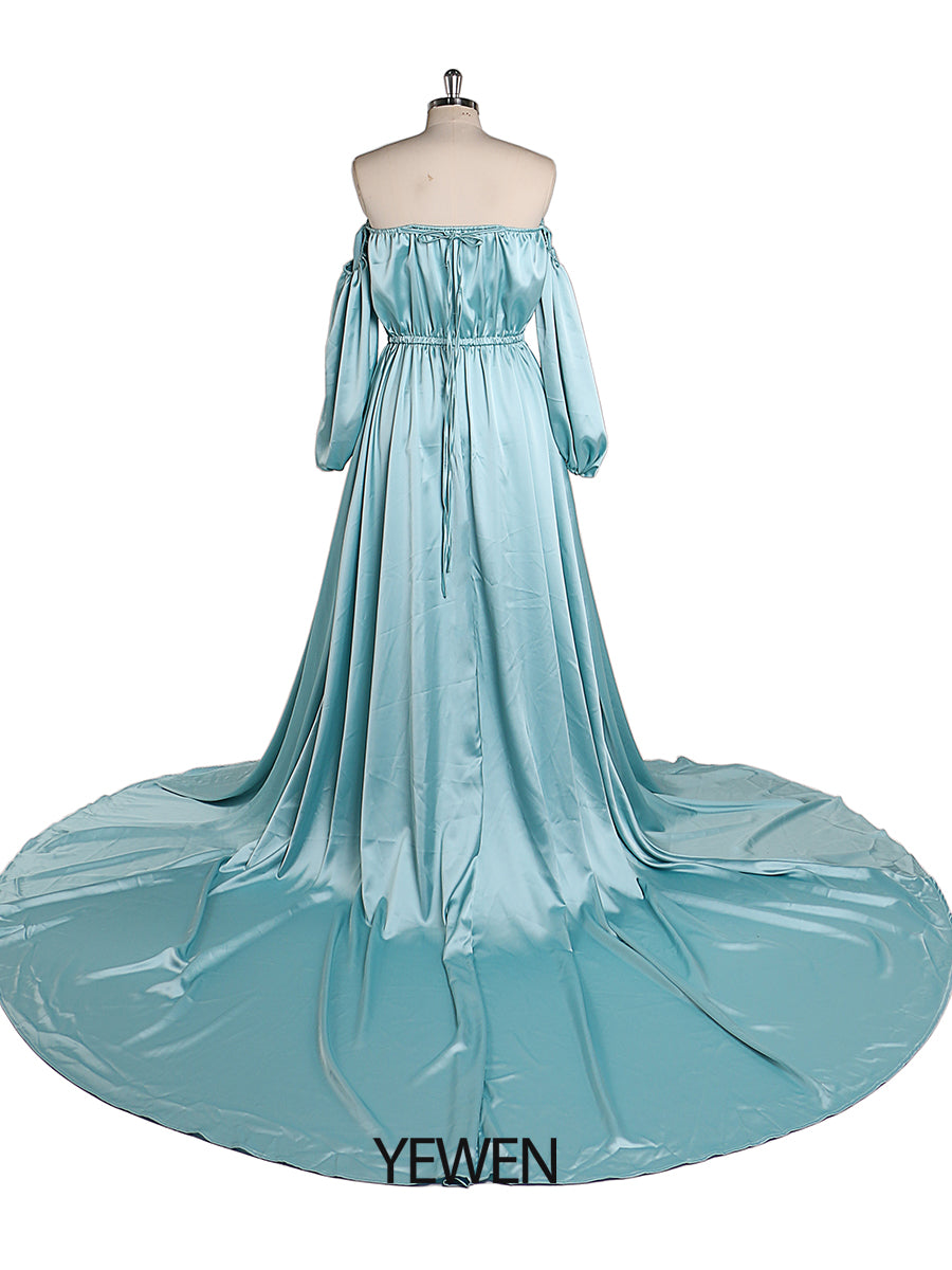 Back view of blue satin pregnancy shooting dress designed for elegant evening maternity and baby shower photoshoot