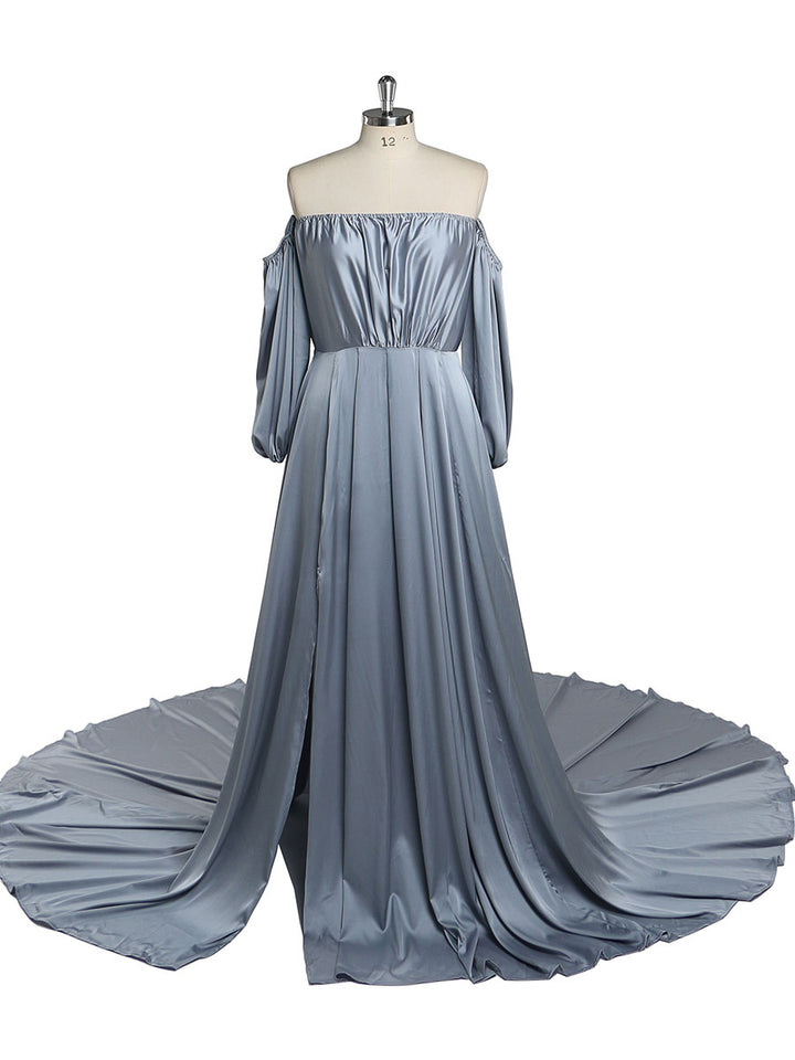 Back view of blue satin pregnancy shooting dress designed for elegant evening maternity and baby shower photoshoot