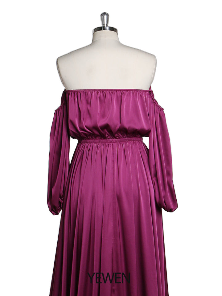 Back view close up of satin pregnancy shooting dress designed for elegant evening maternity and baby shower photoshoot