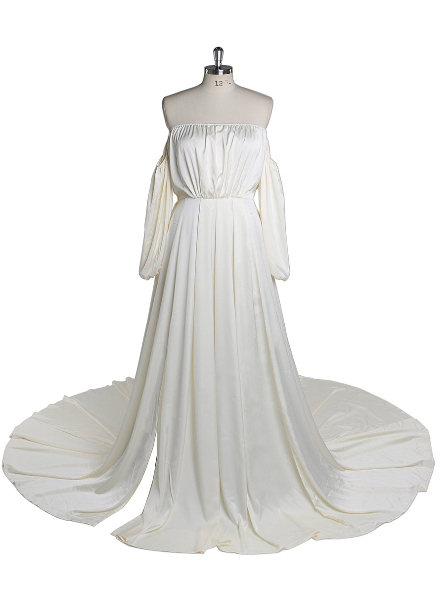 Back view of white satin pregnancy shooting dress designed for elegant evening maternity and baby shower photoshoot