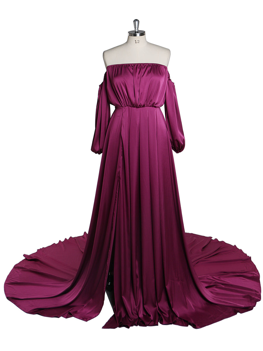 Front view of satin pregnancy shooting dress with elegant shoulderless design and flowing maxi silhouette for maternity photography