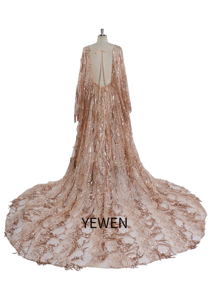 Back view of sequin maternity dress designed for baby shower and maternity photo shoot with adjustable waist fit