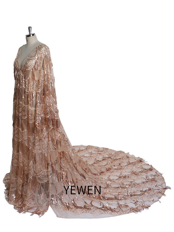 Side view of sequin maternity dress for photo shoot showing sparkling sequins and elegant maternity silhouette