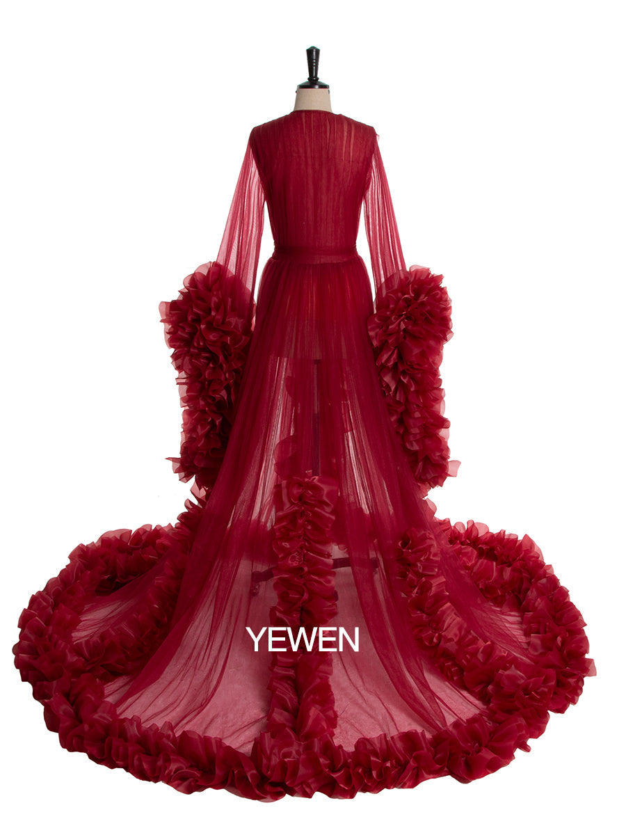 Back view of sexy photoshoot dress designed with elegant ruffled silhouette for photography