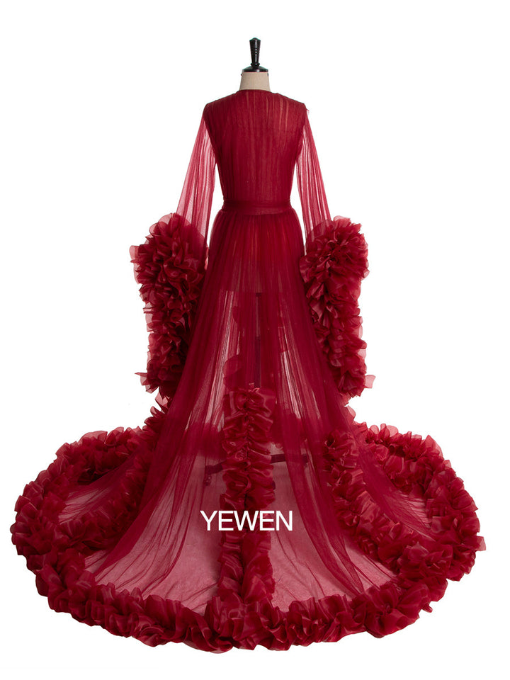 Back view of sexy photoshoot dress designed with elegant ruffled silhouette for photography