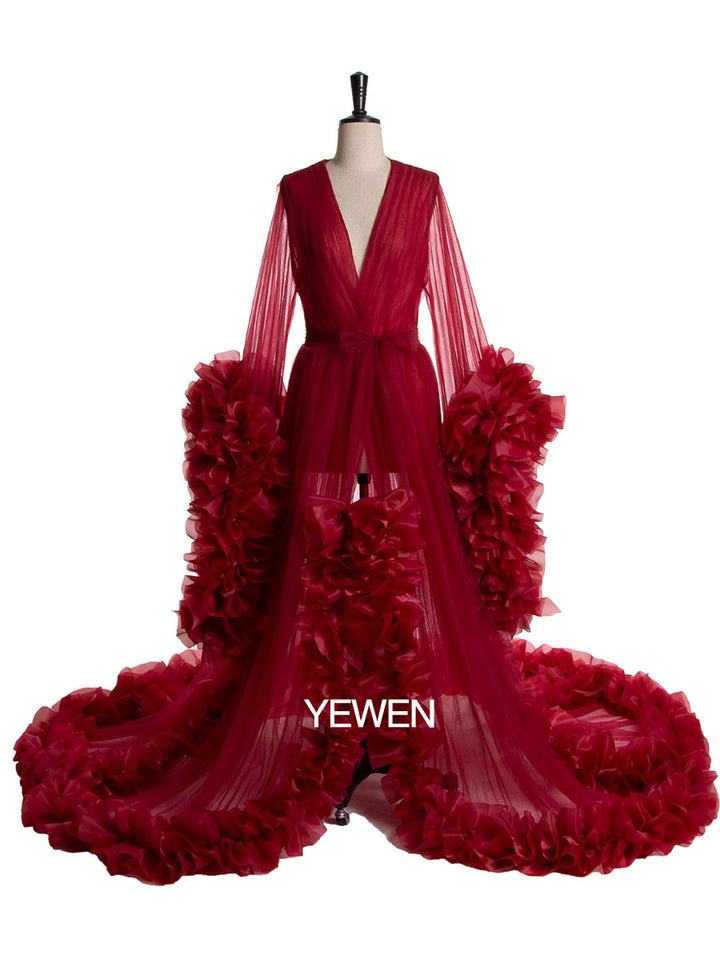Front view of sexy photoshoot dress with V-neck and ruffled silhouette