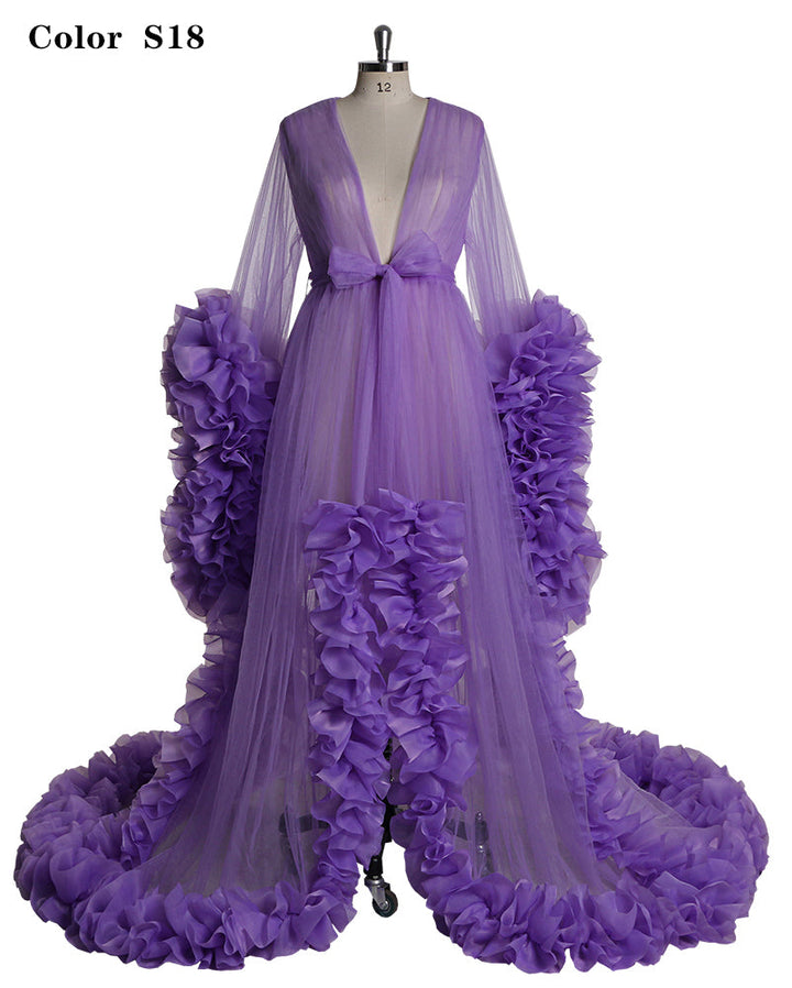 Full body view of sexy purple photoshoot dress with V-neck long sleeves and ruffled design