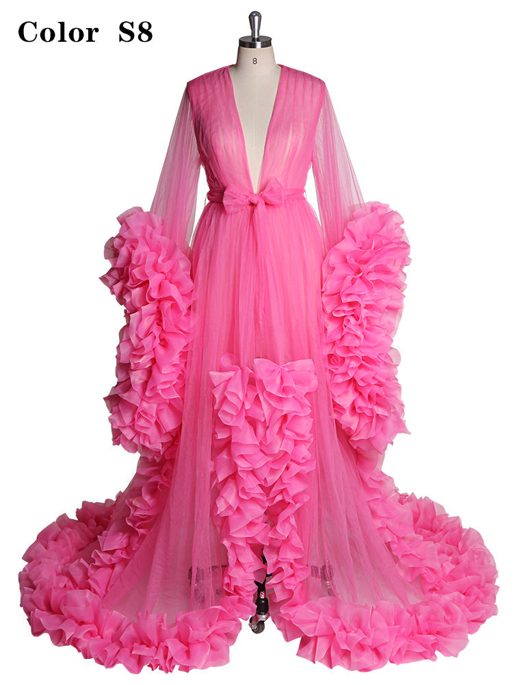 Full body view of sexy photoshoot dress with V-neck long sleeves and ruffled design