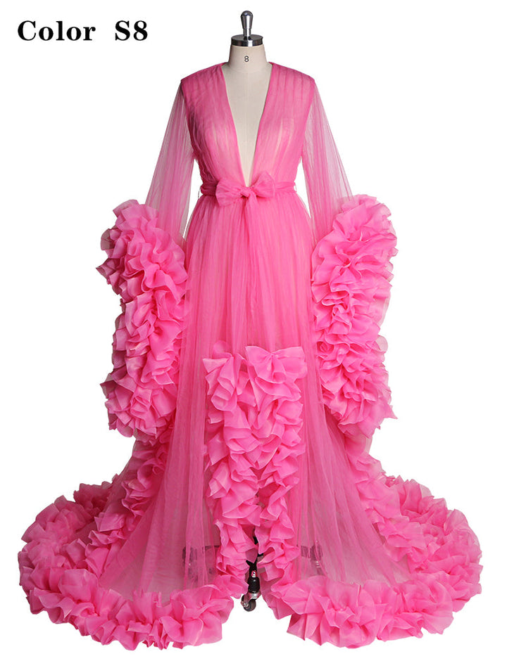 Full body view of sexy photoshoot dress with V-neck long sleeves and ruffled design