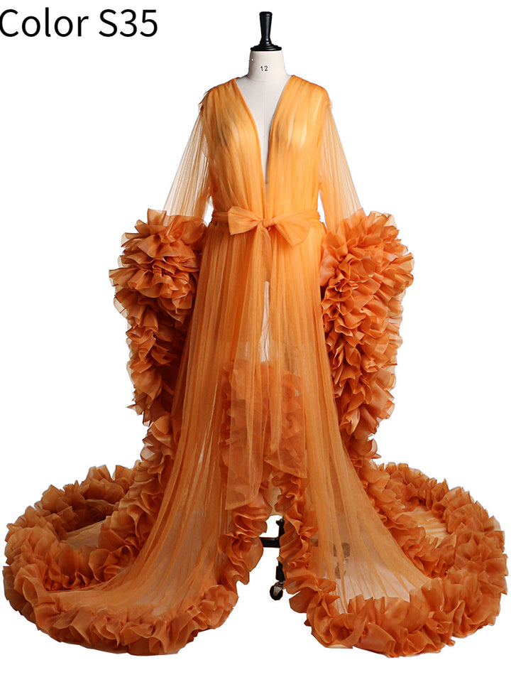 Full body view of sexy photoshoot dress with V-neck long sleeves and ruffled design