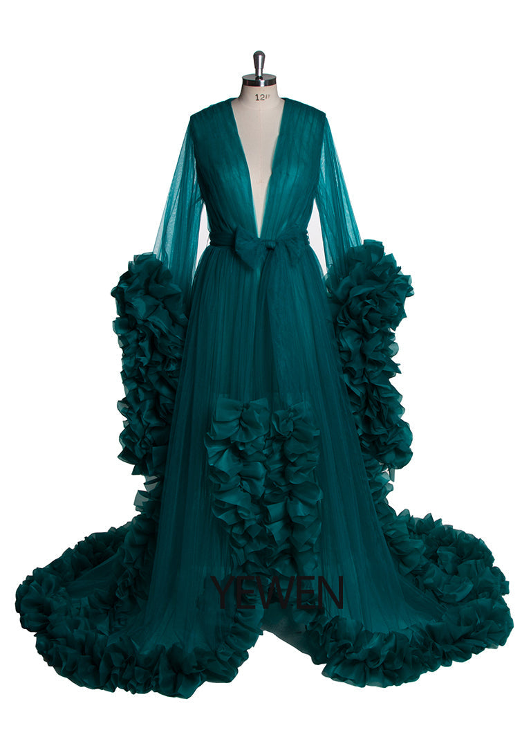 Full body view of sexy photoshoot dress with V-neck long sleeves and ruffled silhouette