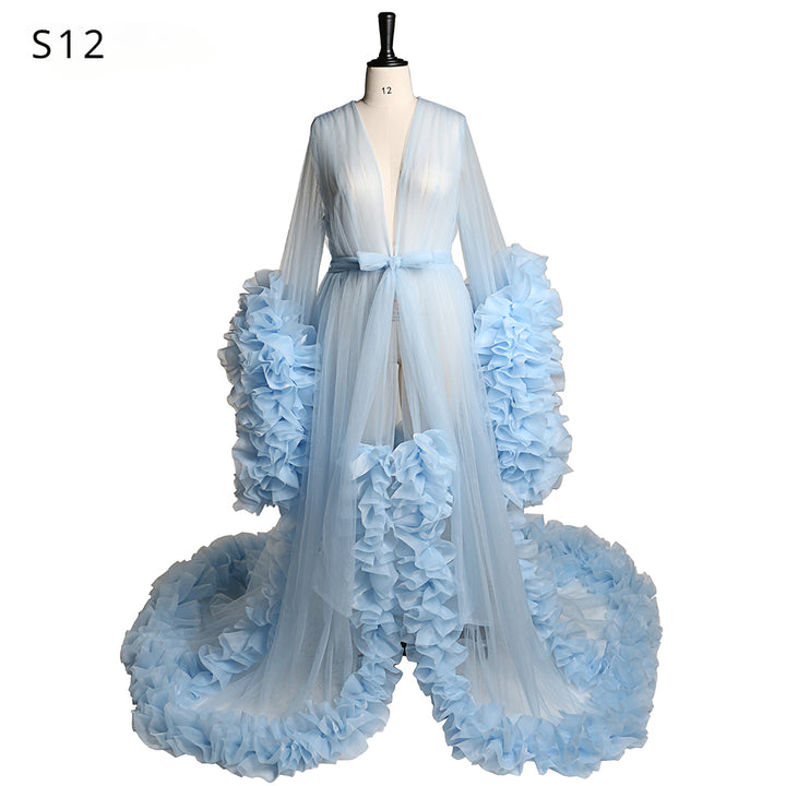 Elegant sexy photoshoot dress with V-neck long sleeves and ruffled gown design for photography