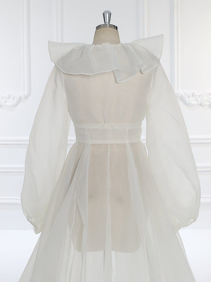 Back view of silk organza maternity dress for photo shoot designed for elegant baby shower and pregnancy photography