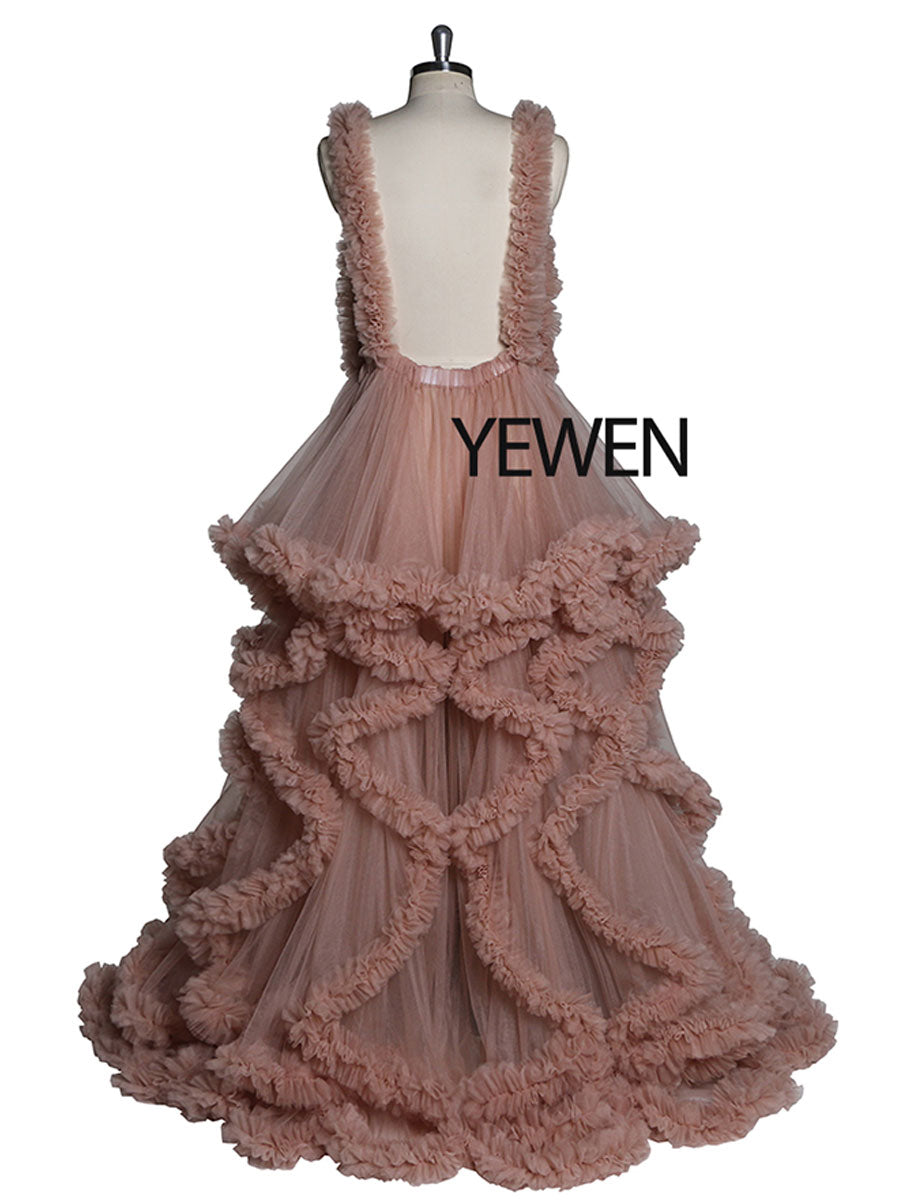 Back view of pink sleeveless maternity dress for photoshoot designed for elegant baby shower photography