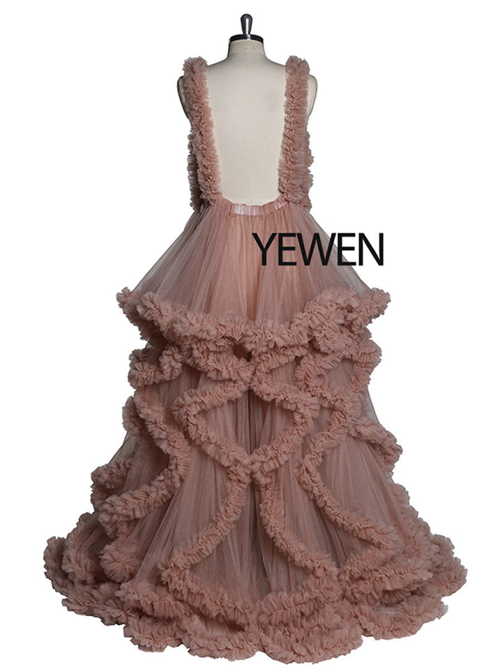 Back view of pink sleeveless maternity dress for photoshoot designed for elegant baby shower photography