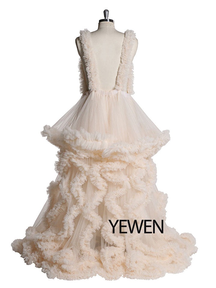 Back view of sleeveless maternity dress for photoshoot designed for elegant baby shower photography