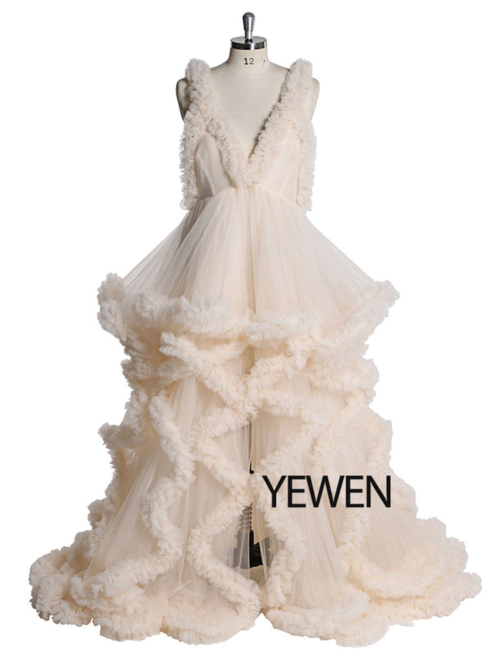 Elegant sleeveless maternity dress for photoshoot with ruffle details designed for pregnancy photography and baby shower