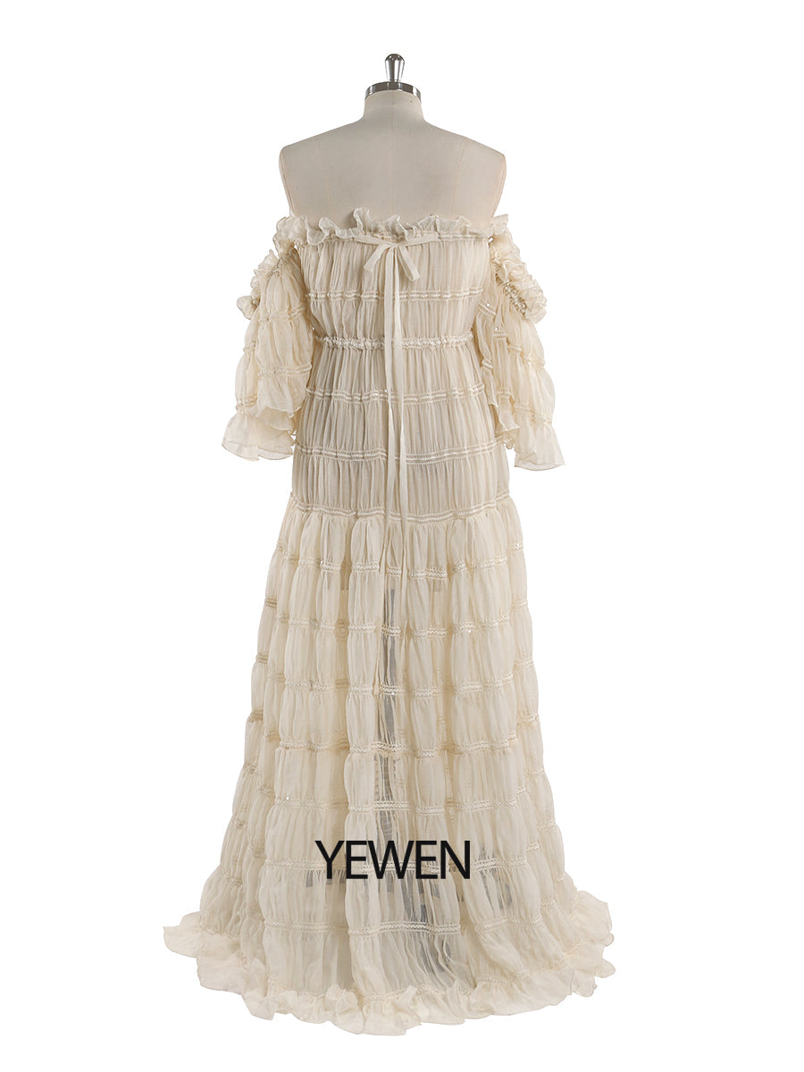 Back view of summer beach dress for photo shoot with off shoulder boho design for coastal photography
