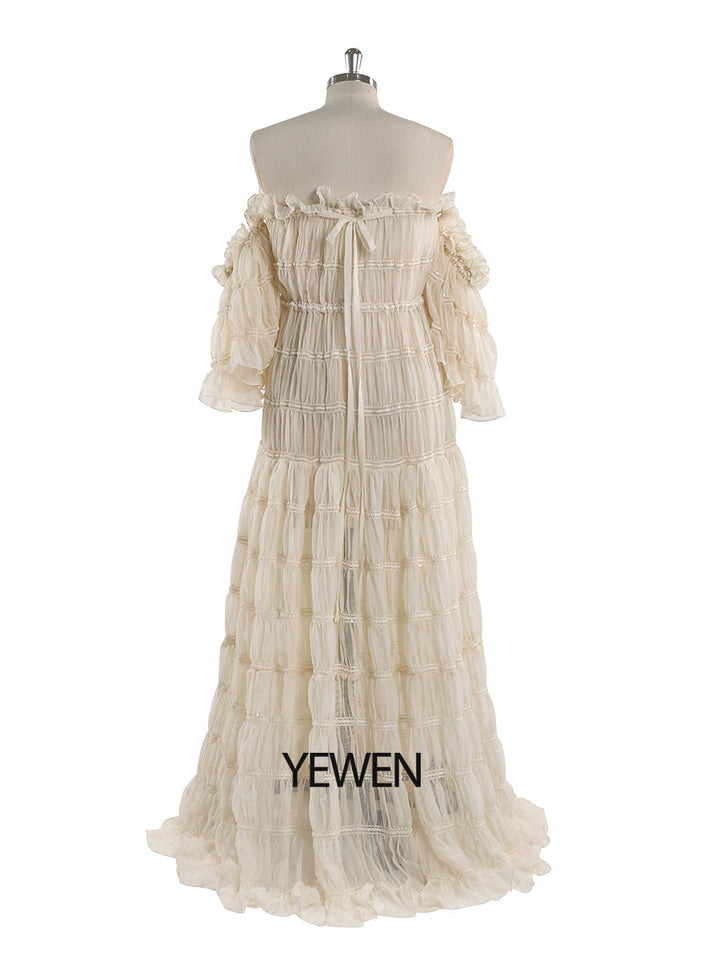 Back view of summer beach dress for photo shoot with off shoulder boho design for coastal photography