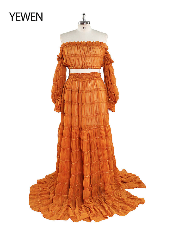 Front view of boho summer beach dress for photo shoot showing elegant flowing silhouette