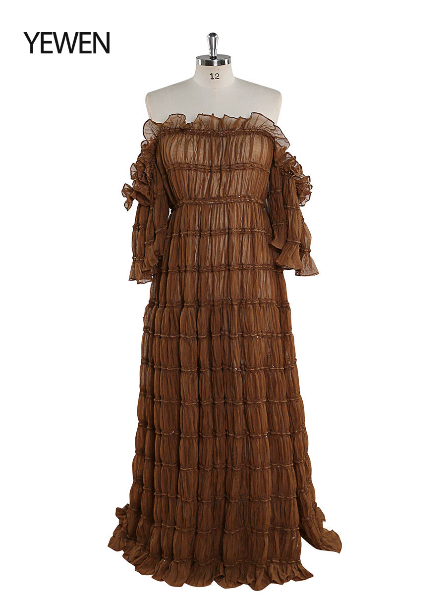 Elegant off shoulder brown boho summer beach dress designed for photoshoot