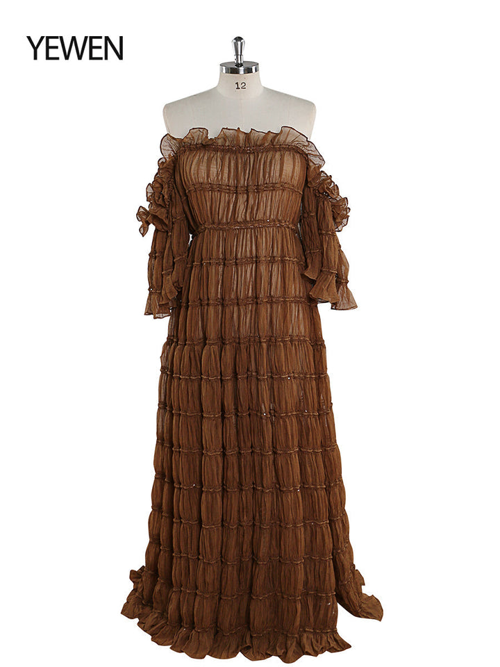 Elegant off shoulder brown boho summer beach dress designed for photoshoot