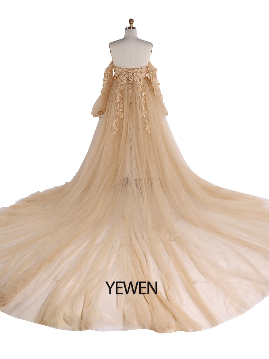 Back view of yellow tulle maternity photoshoot dress with floral lace detailing designed for wedding guest and photoshoot