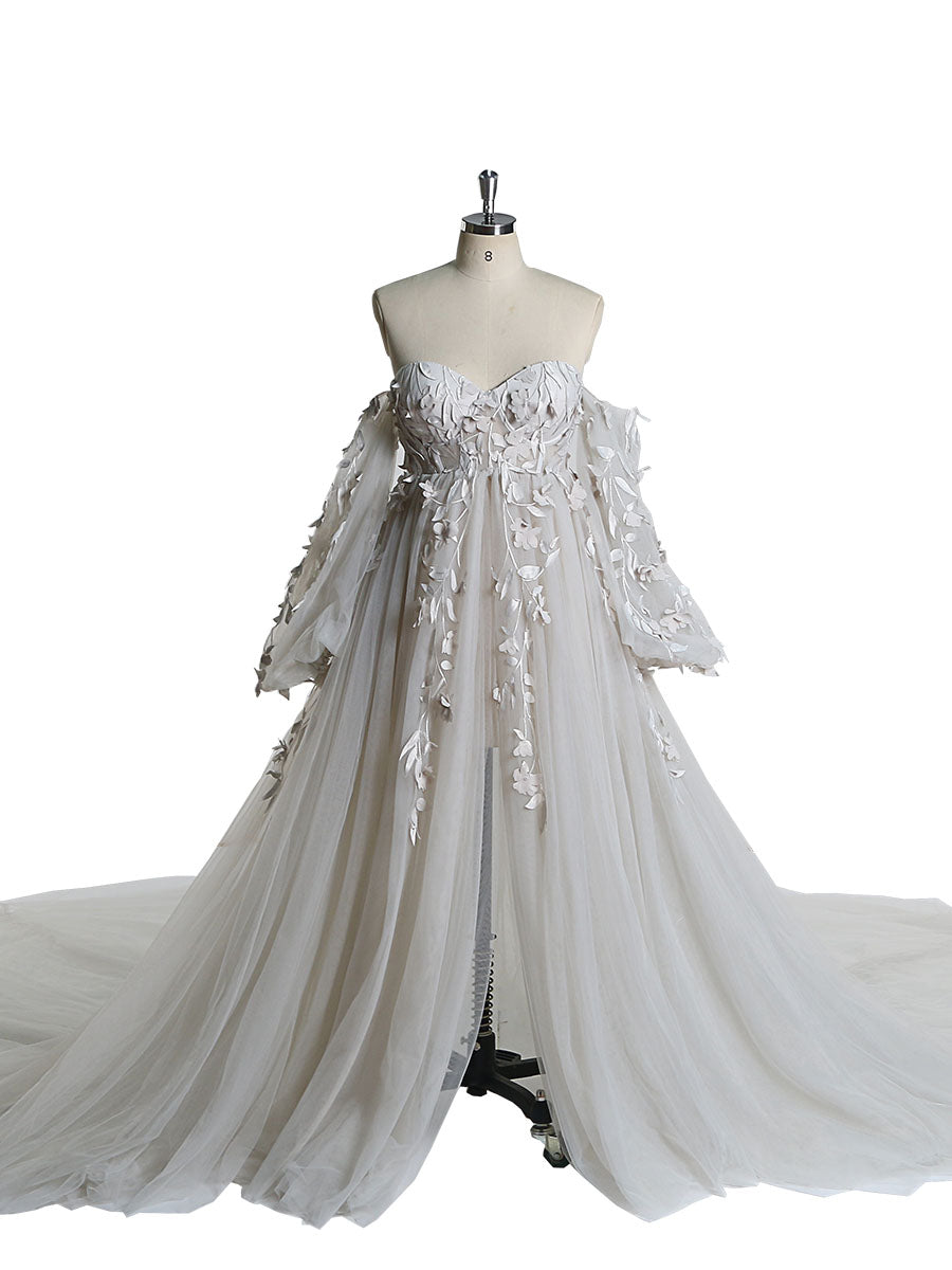 Front view of white tulle maternity photoshoot dress with floral lace detailing designed for wedding guest and photoshoot