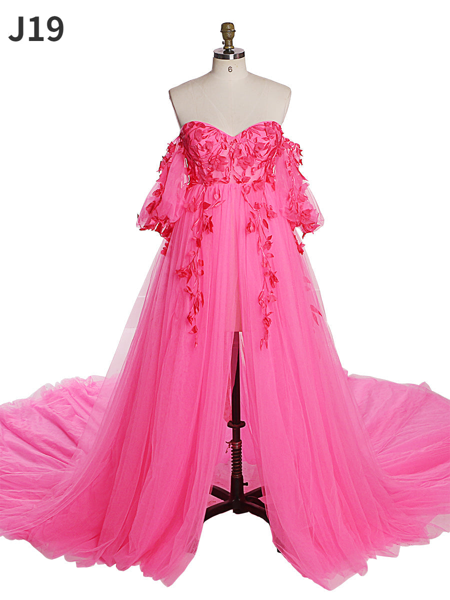 Full body view of rose tulle maternity photoshoot dress with long sleeves and floral lace design for elegant photography