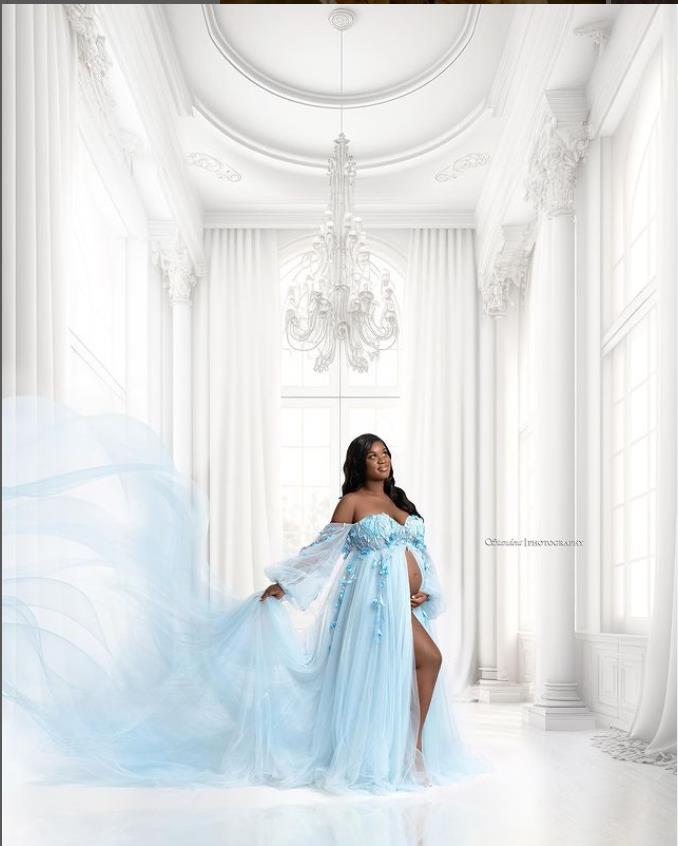 Elegant blue tulle maternity photoshoot dress with long sleeves and lace flower design for wedding guest and pregnancy photography