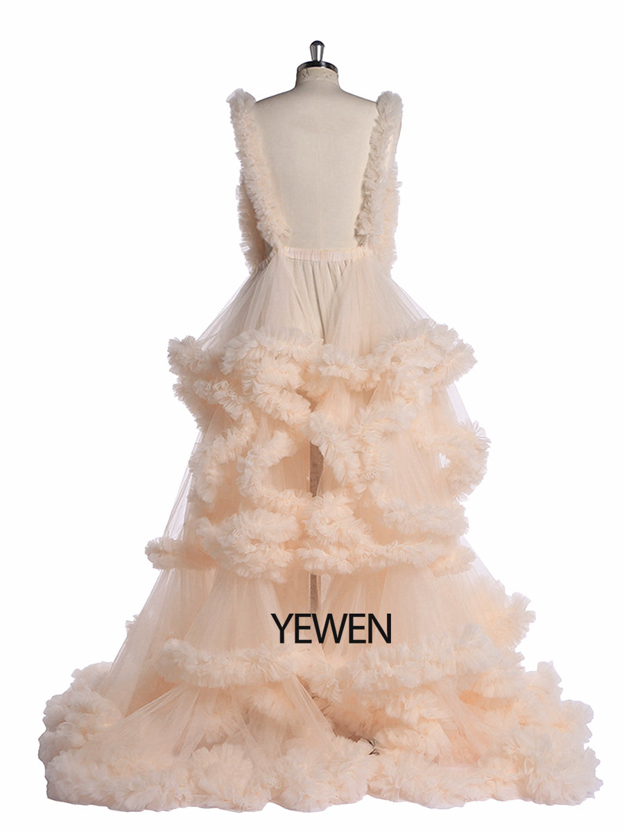 Backless tulle photoshoot dress with elegant ruffle layers designed for maternity photography