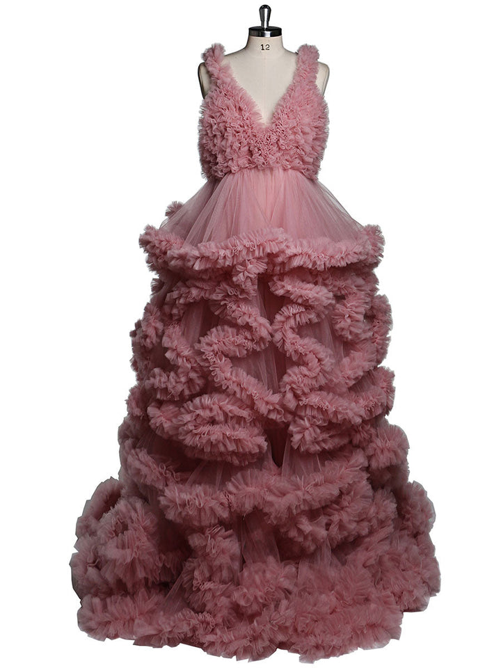 Backless tulle photoshoot dress with ruffle layers designed for maternity photography
