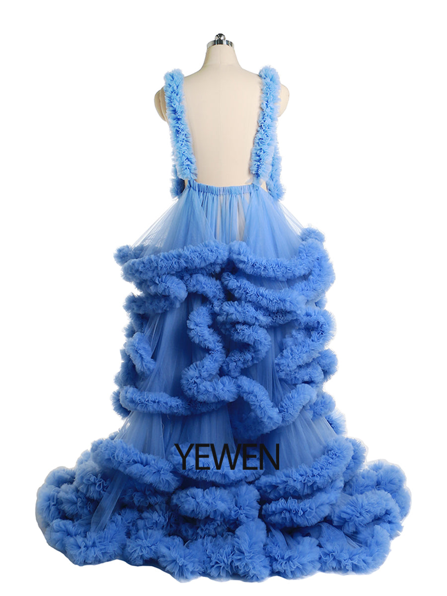 Backless blue tulle photoshoot dress with elegant ruffle layers designed for maternity photography
