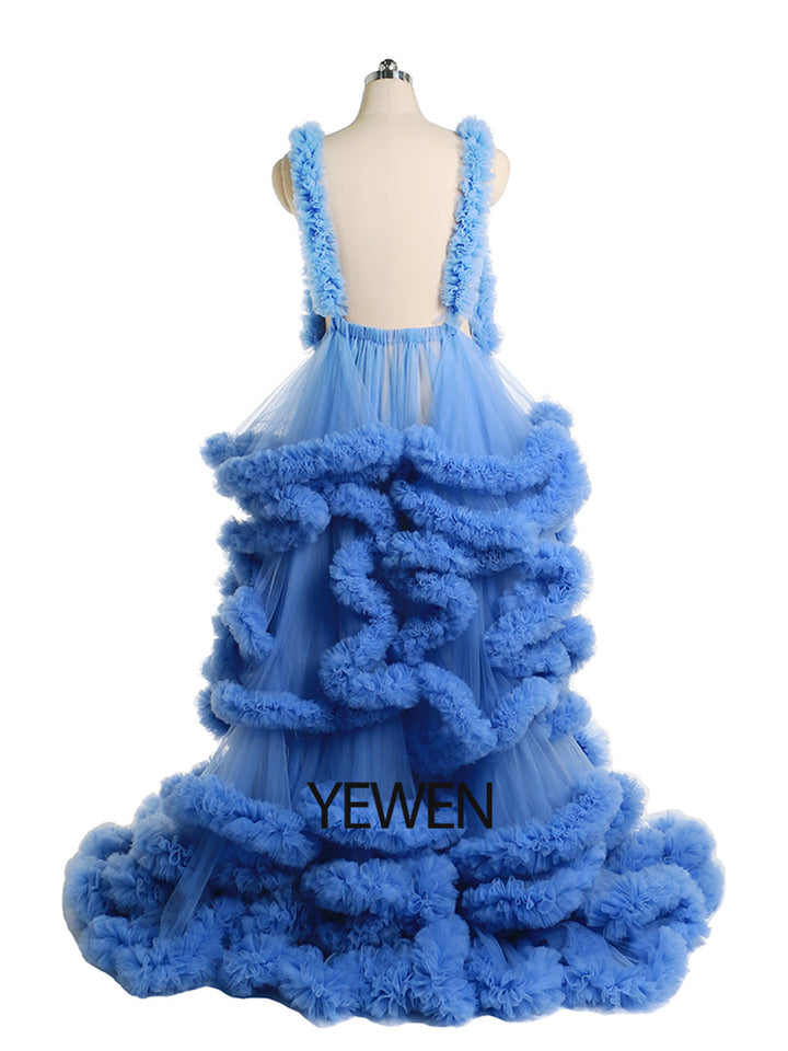 Backless blue tulle photoshoot dress with elegant ruffle layers designed for maternity photography