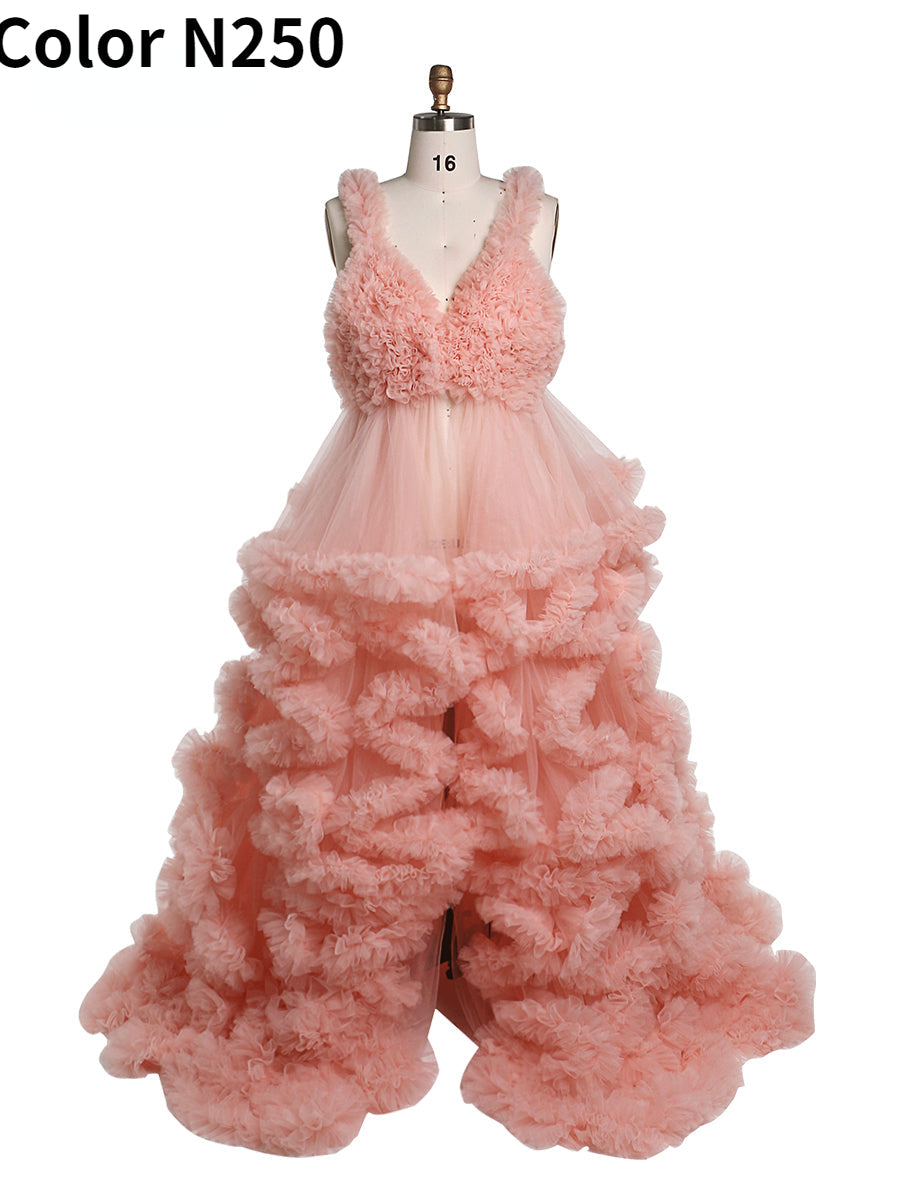 Backless pink tulle photoshoot dress with elegant ruffle layers designed for maternity photography