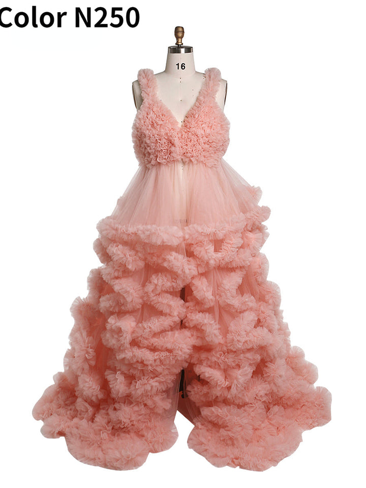 Backless pink tulle photoshoot dress with elegant ruffle layers designed for maternity photography