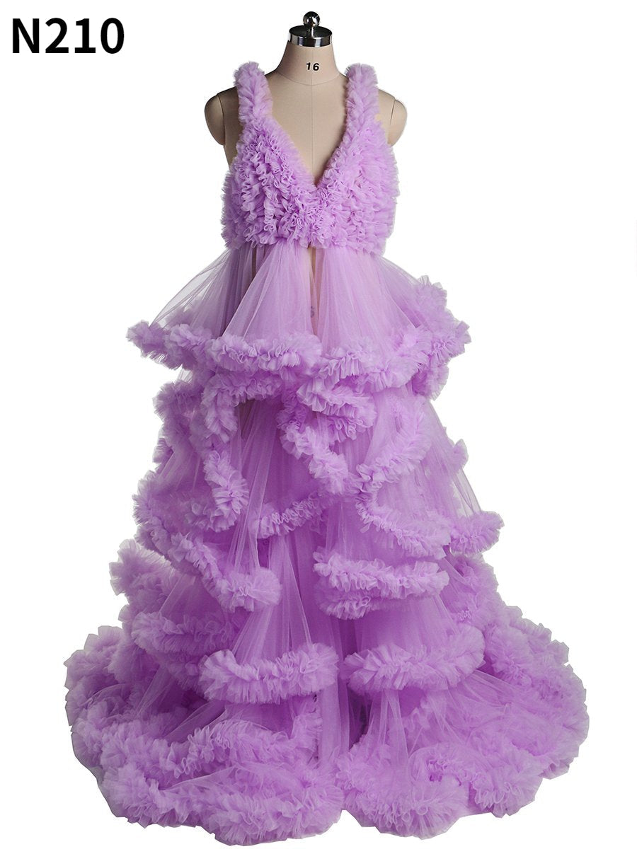 Backless purple tulle photoshoot dress with elegant ruffle layers designed for maternity photography