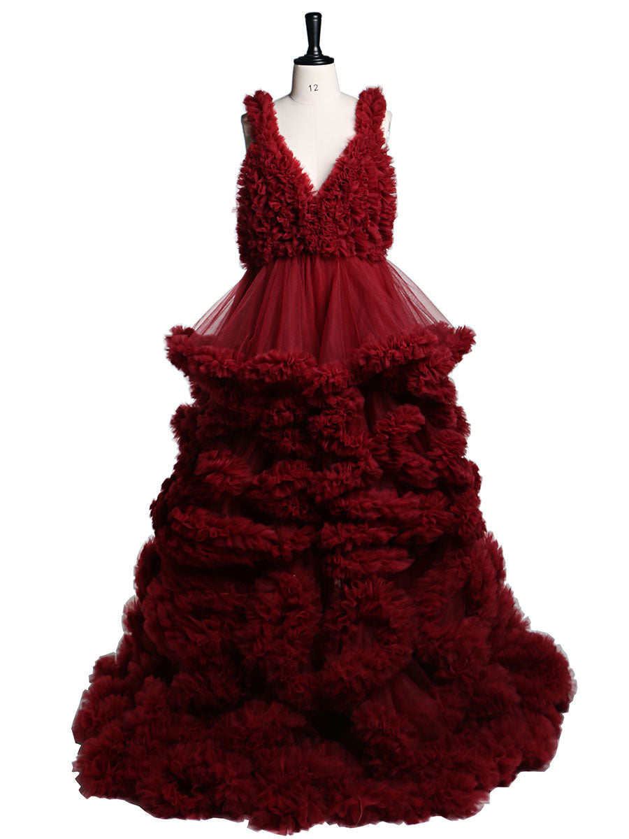 Backless red tulle photoshoot dress with elegant ruffle layers designed for maternity photography