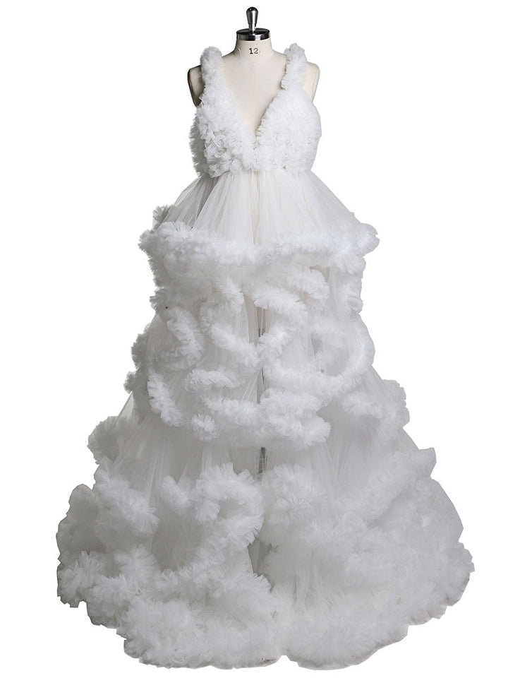 Backless white tulle photoshoot dress with elegant ruffle layers designed for maternity photography